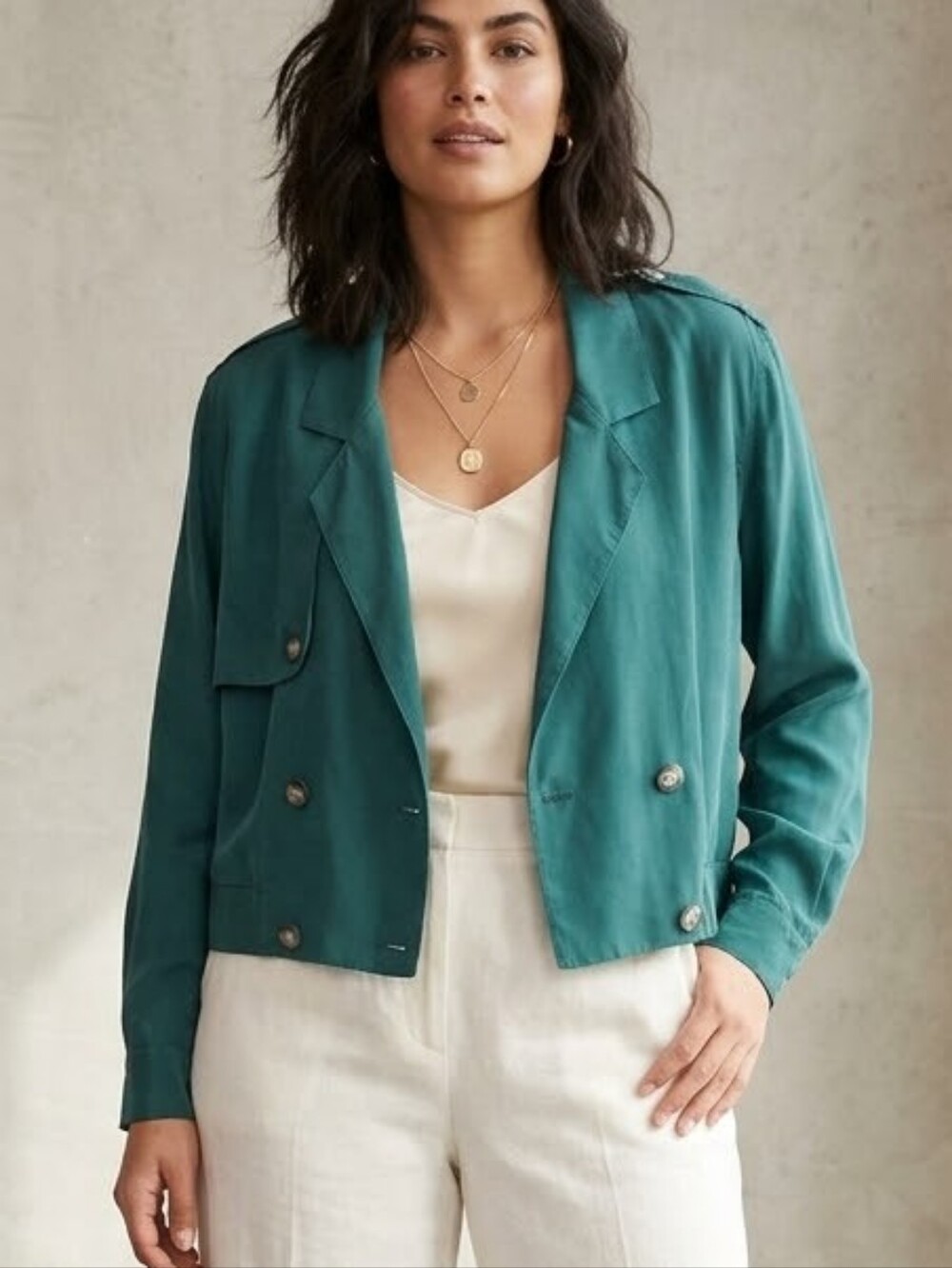 Jones New York Silk Green Double-Breasted Cropped Blazer